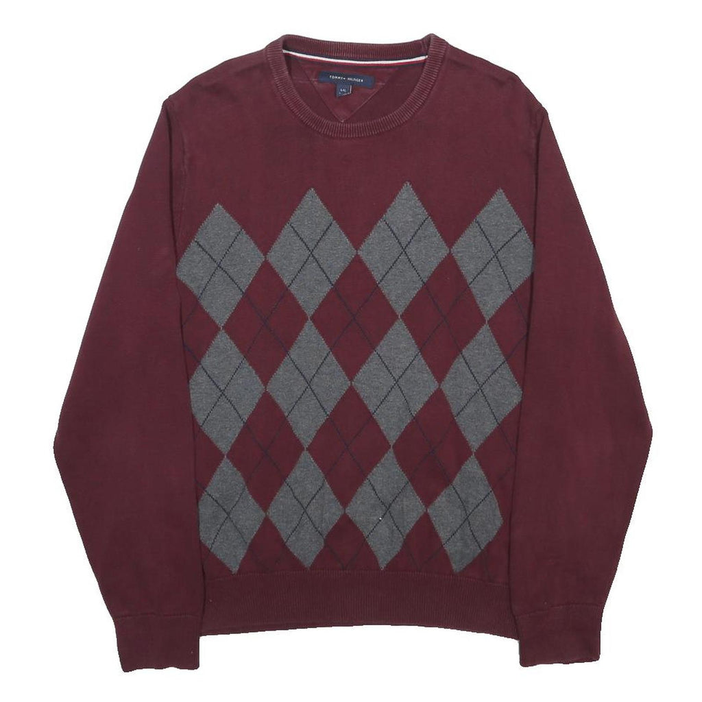 TOMMY HILFIGER Mens Maroon & Grey Patterned Cotton Jumper Crew Neck Basic Knit L