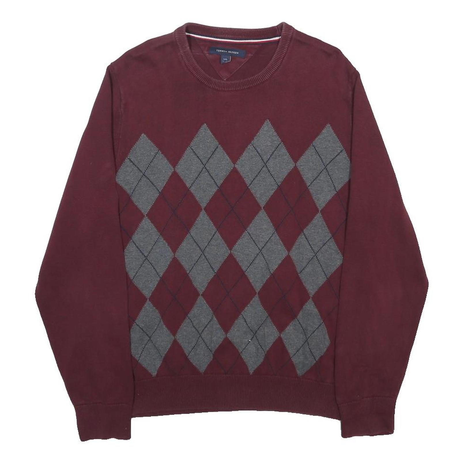 TOMMY HILFIGER Mens Maroon & Grey Patterned Cotton Jumper Crew Neck Basic Knit L