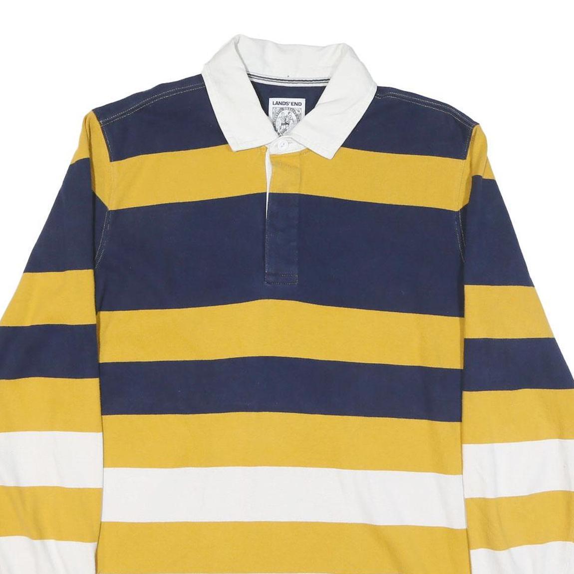 LANDS END Mens Blue & Yellow White Striped Long Sleeve Polo Shirt L Cotton Blend