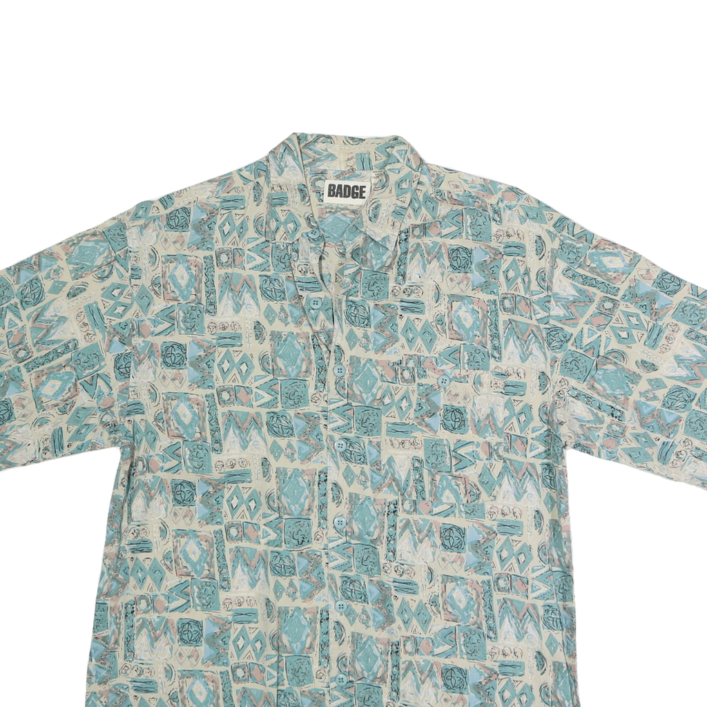 BADGE Mens Blue & Cream Pattern Cotton Shirt M Casual Summer Short Sleeve