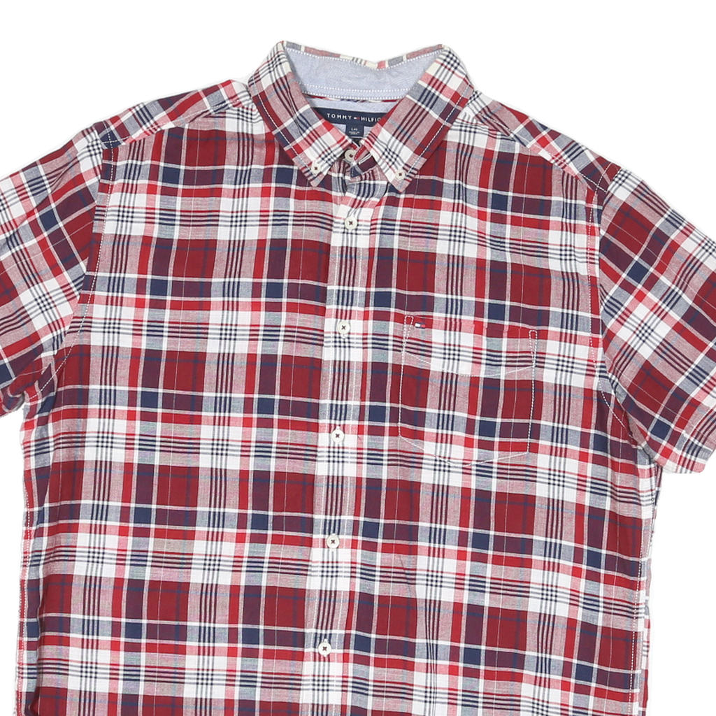TOMMY HILFIGER Mens Red & White Check Short Sleeve Shirt L Cotton Blend Stylish