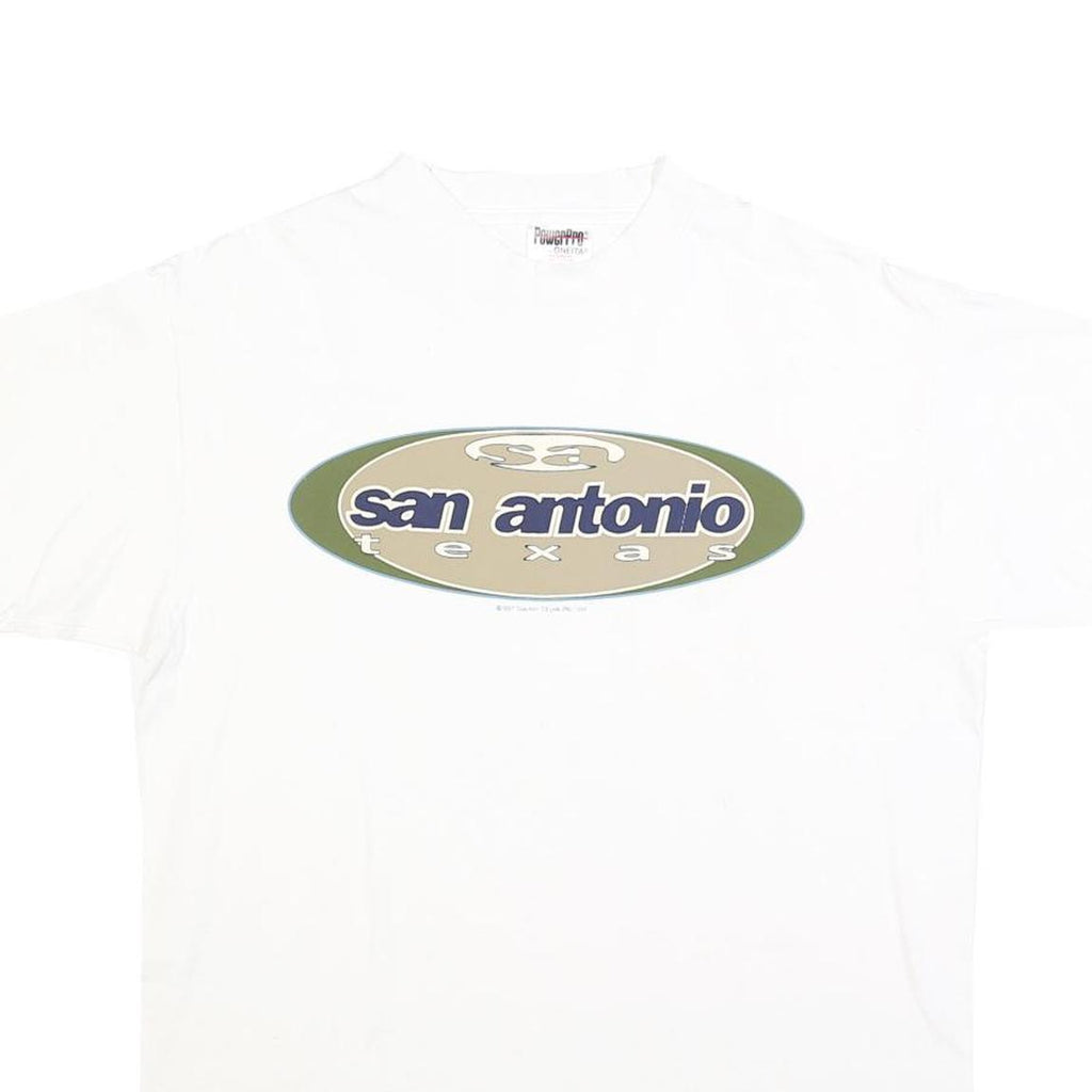 ONEITA Mens White & Beige San Antonio Graphic T-Shirt L Short Sleeve Crew Neck