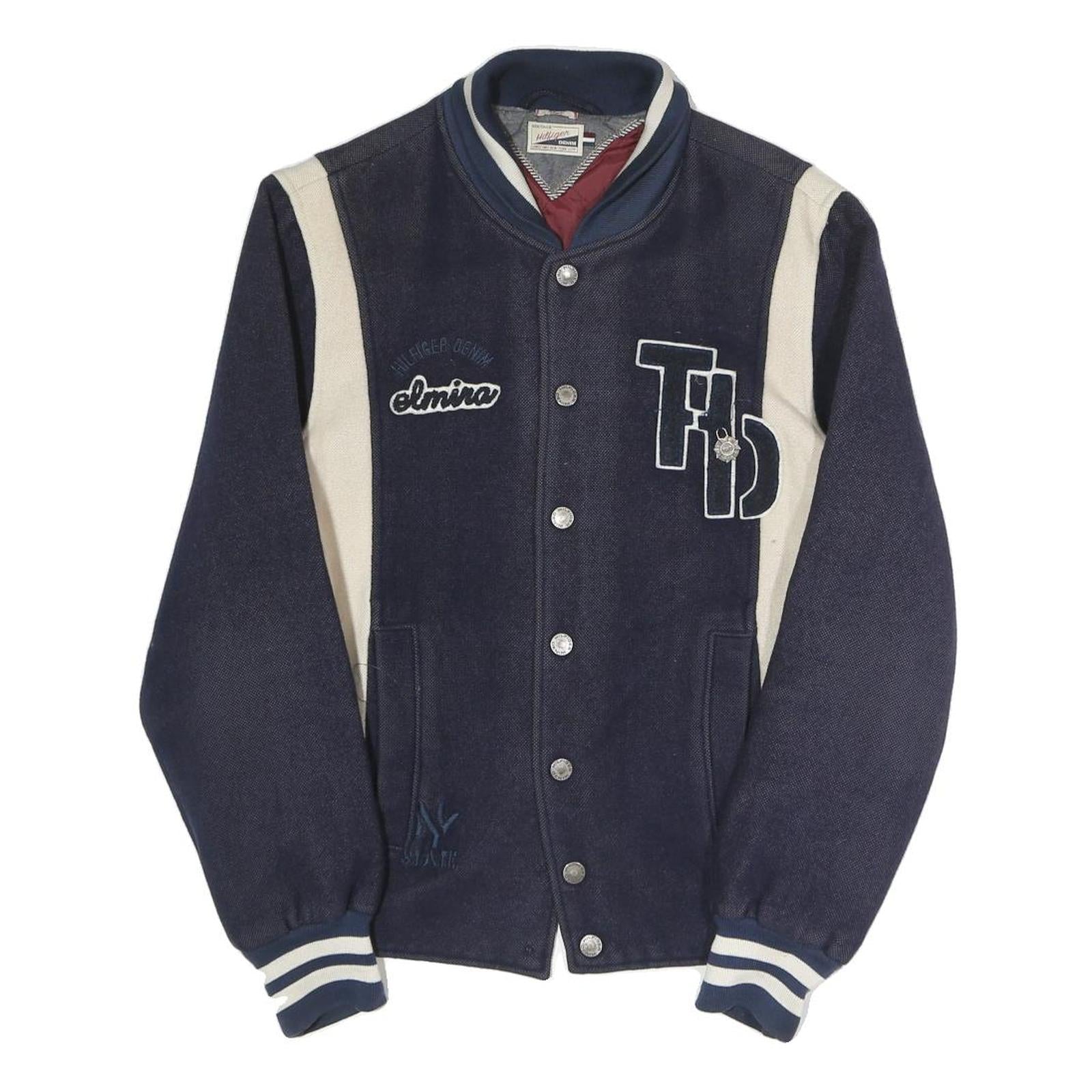 HILFIGER DENIM Mens Navy & Cream Letterman Cotton Blend Jacket S Button Varsity