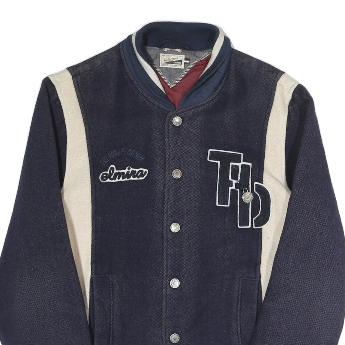 HILFIGER DENIM Mens Navy & Cream Letterman Cotton Blend Jacket S Button Varsity