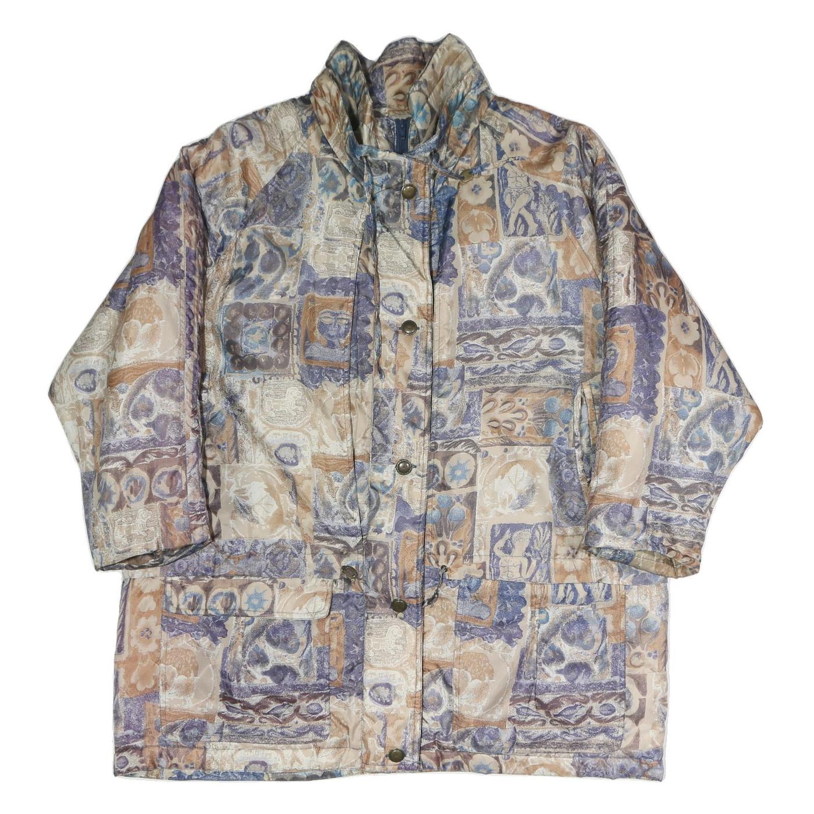 Womens Beige Blue Polyester Blend Long Sleeve Zip Jacket XL Patchwork Pattern