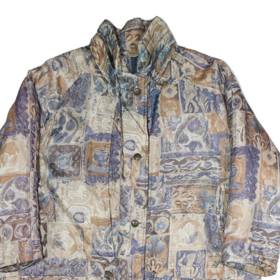 Womens Beige Blue Polyester Blend Long Sleeve Zip Jacket XL Patchwork Pattern
