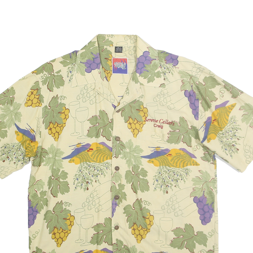 DEMCRAZY Mens Cream & Green Crazy Print Shirt L Cotton Short Sleeve Button