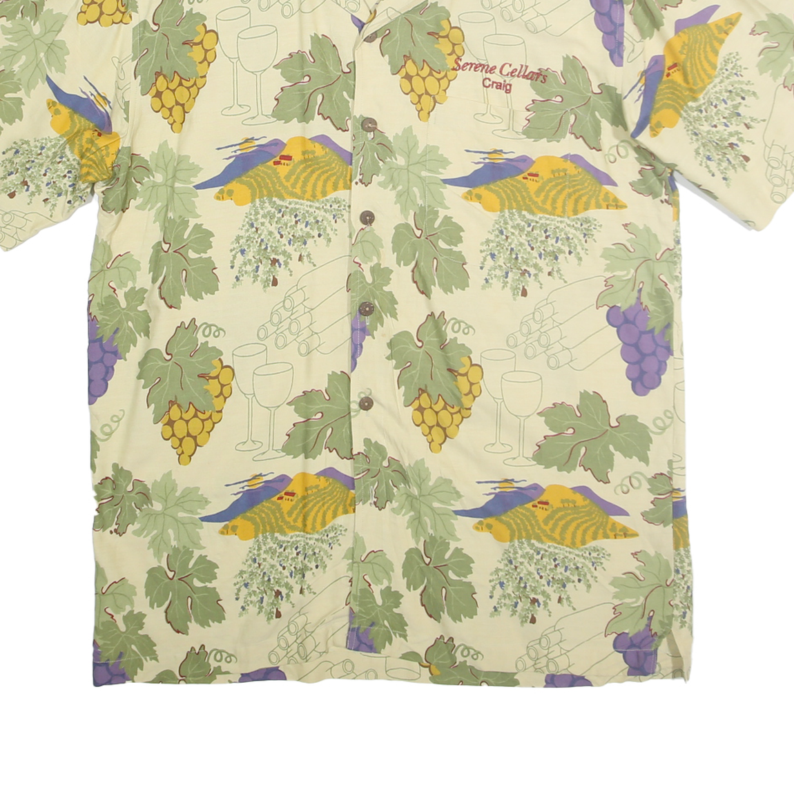 DEMCRAZY Mens Cream & Green Crazy Print Shirt L Cotton Short Sleeve Button