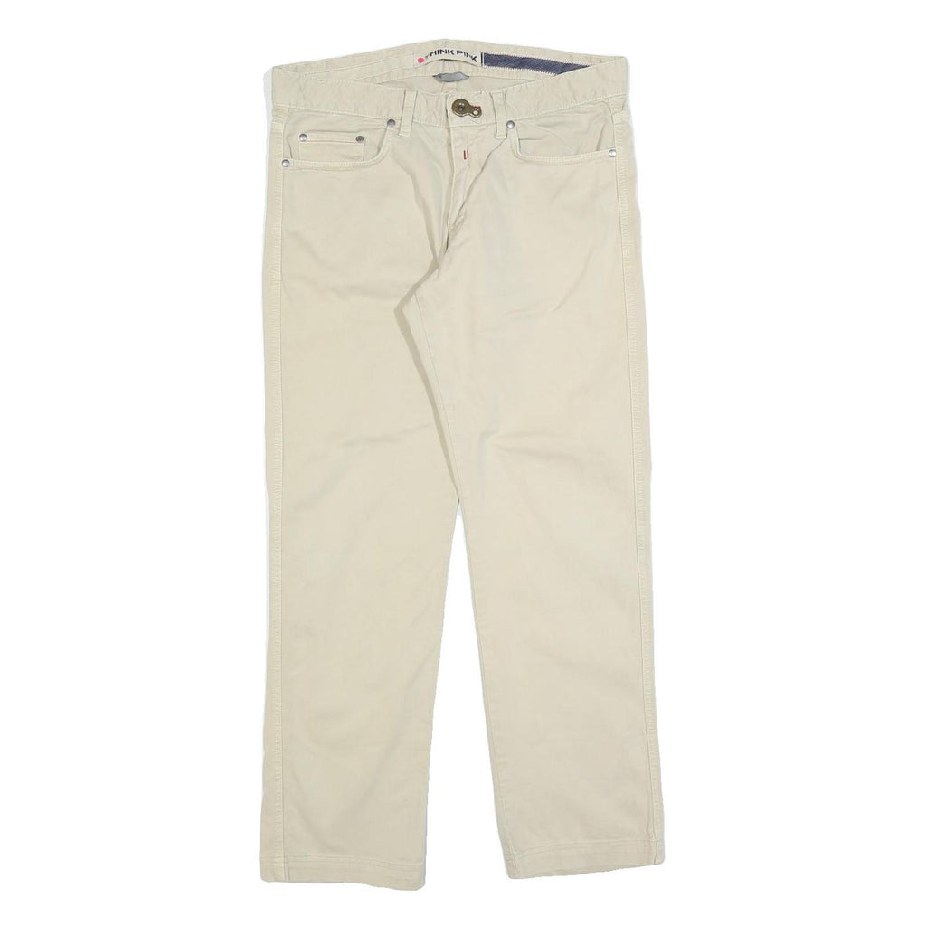 THINK PINK Womens Cotton Blend Beige Regular Straight Trousers W32 L30 Casual