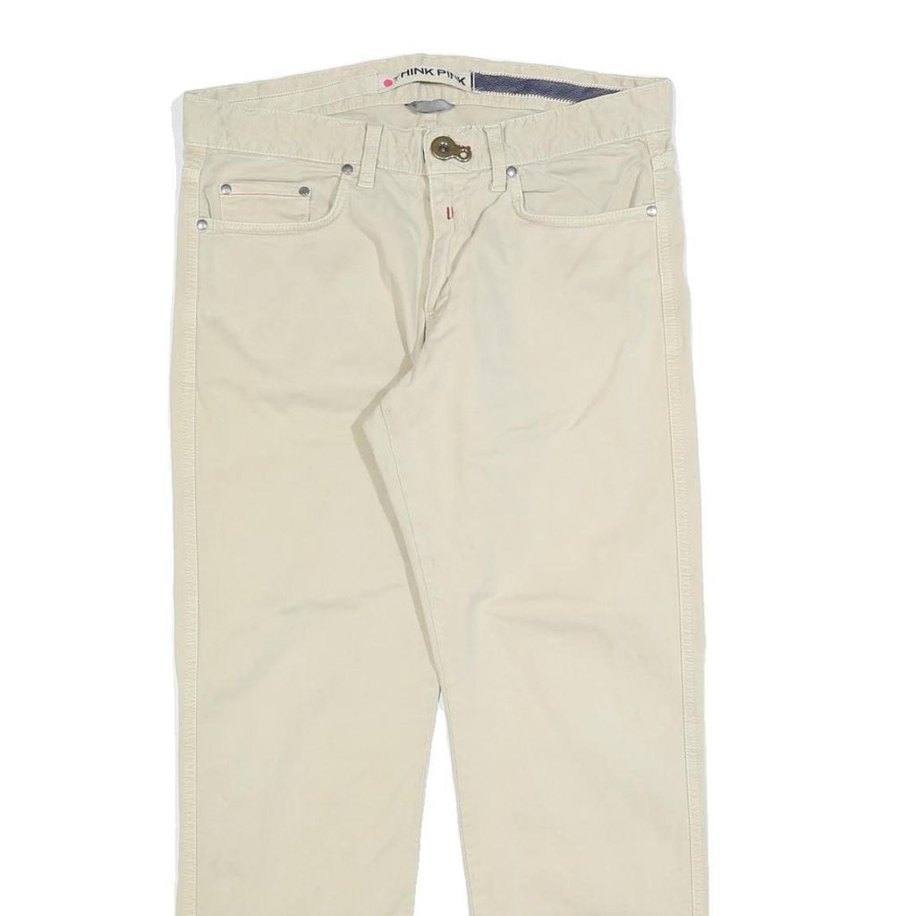 THINK PINK Womens Cotton Blend Beige Regular Straight Trousers W32 L30 Casual