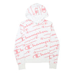 CHAMPION Girls White & Pink All Over Logo Print Pullover Hoodie XL