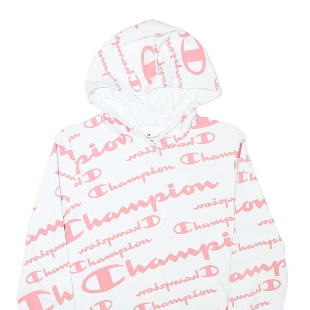 CHAMPION Girls White & Pink All Over Logo Print Pullover Hoodie XL