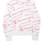 CHAMPION Girls White & Pink All Over Logo Print Pullover Hoodie XL