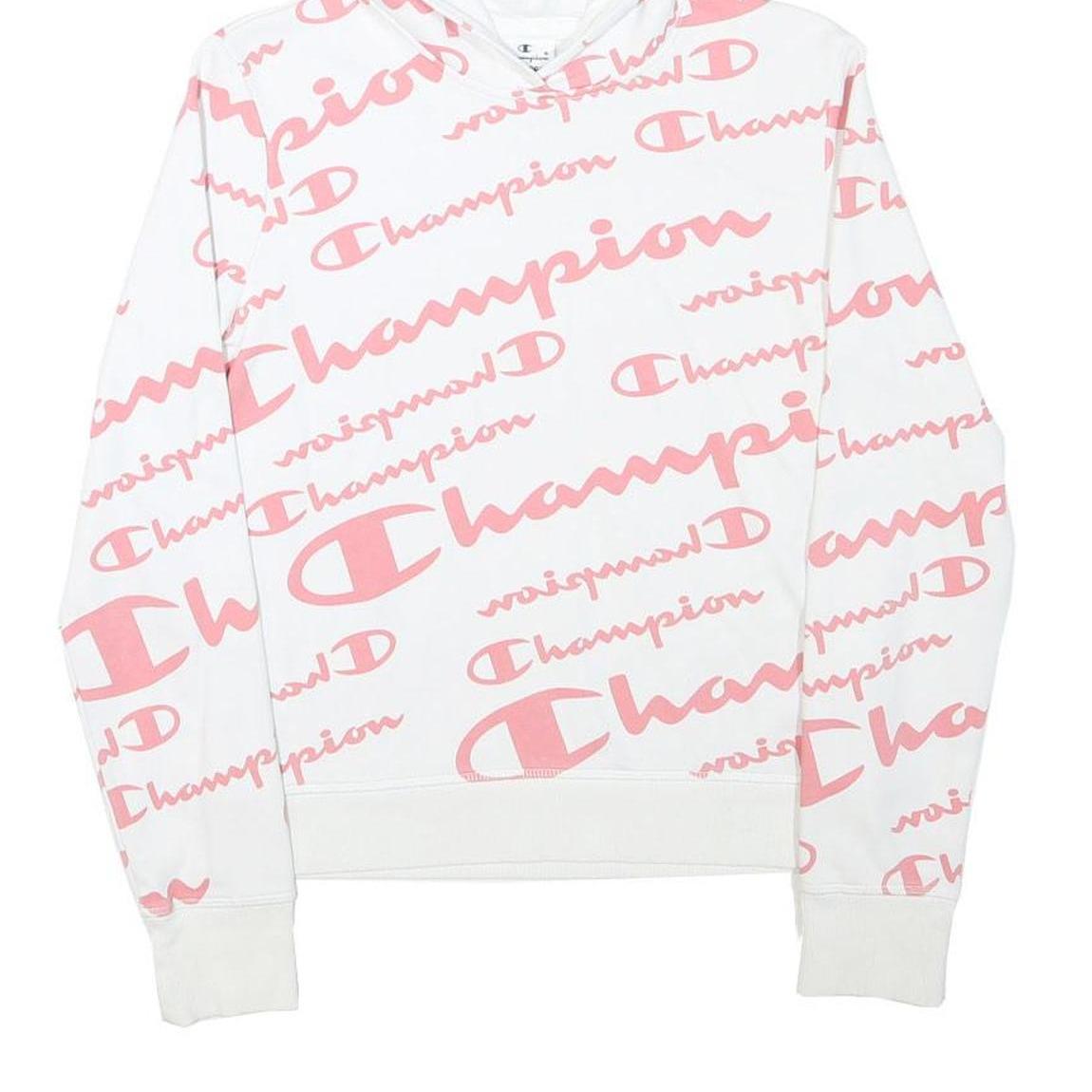 CHAMPION Girls White & Pink All Over Logo Print Pullover Hoodie XL