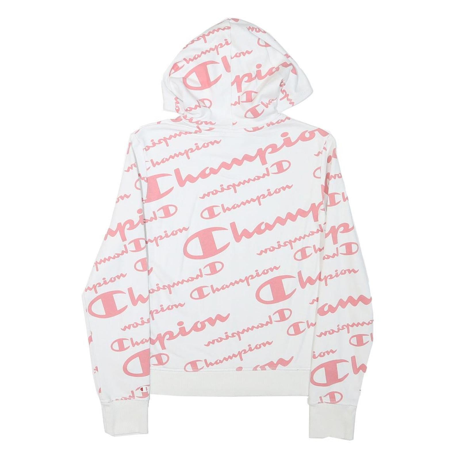 CHAMPION Girls White & Pink All Over Logo Print Pullover Hoodie XL