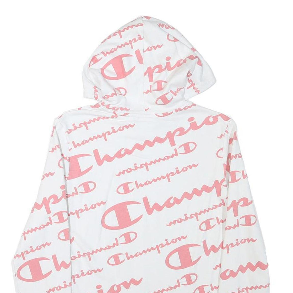 CHAMPION Girls White & Pink All Over Logo Print Pullover Hoodie XL