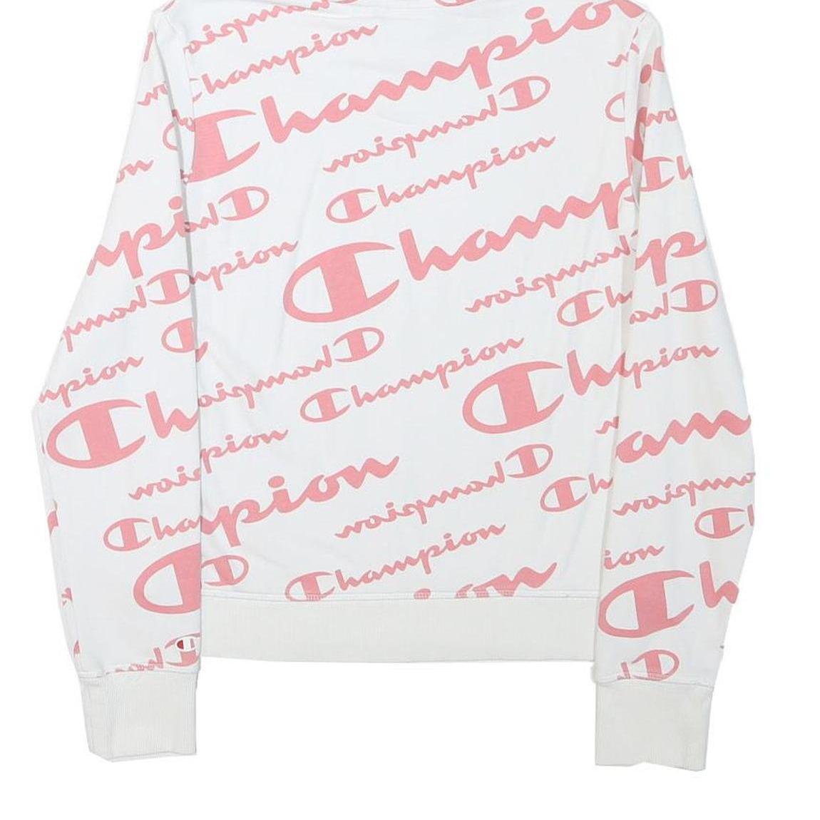 CHAMPION Girls White & Pink All Over Logo Print Pullover Hoodie XL