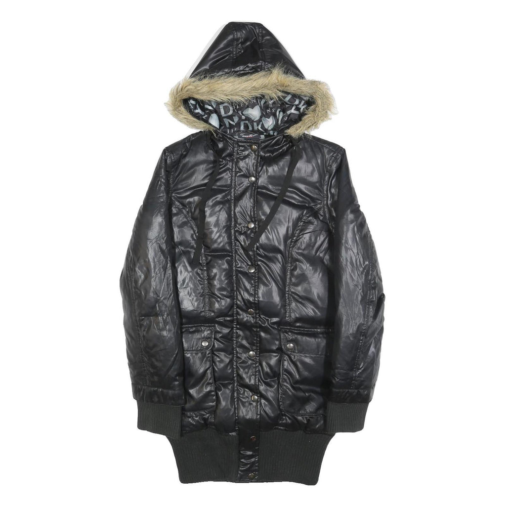 DKNY Womens Black Polyester Hooded Puffer Jacket M Casual Zip Up Winter