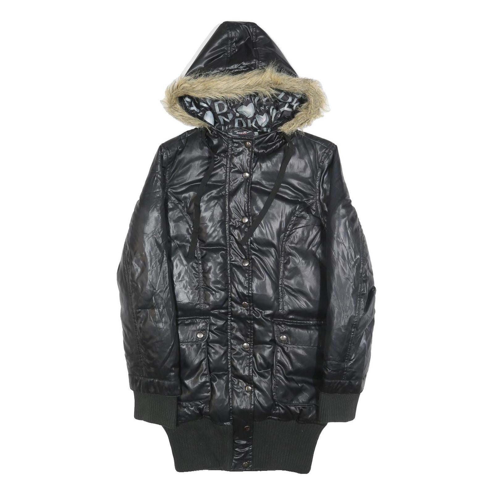 DKNY Womens Black Polyester Hooded Puffer Jacket M Casual Zip Up Winter