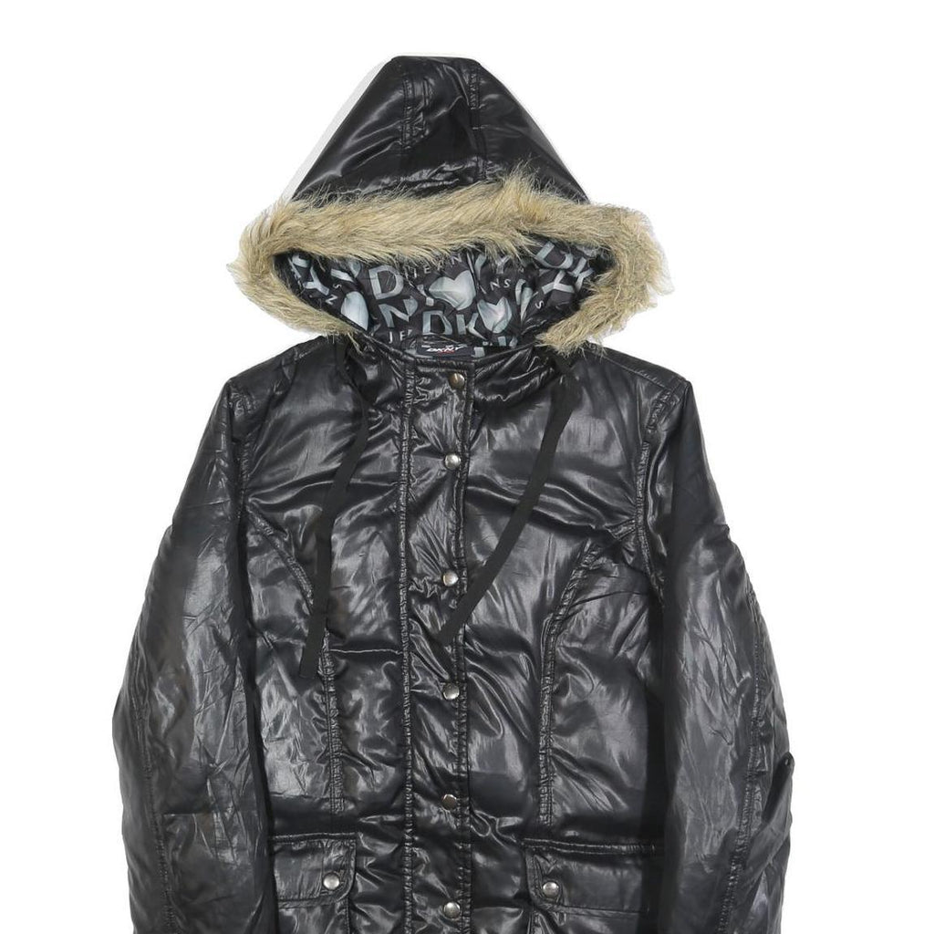 DKNY Womens Black Polyester Hooded Puffer Jacket M Casual Zip Up Winter