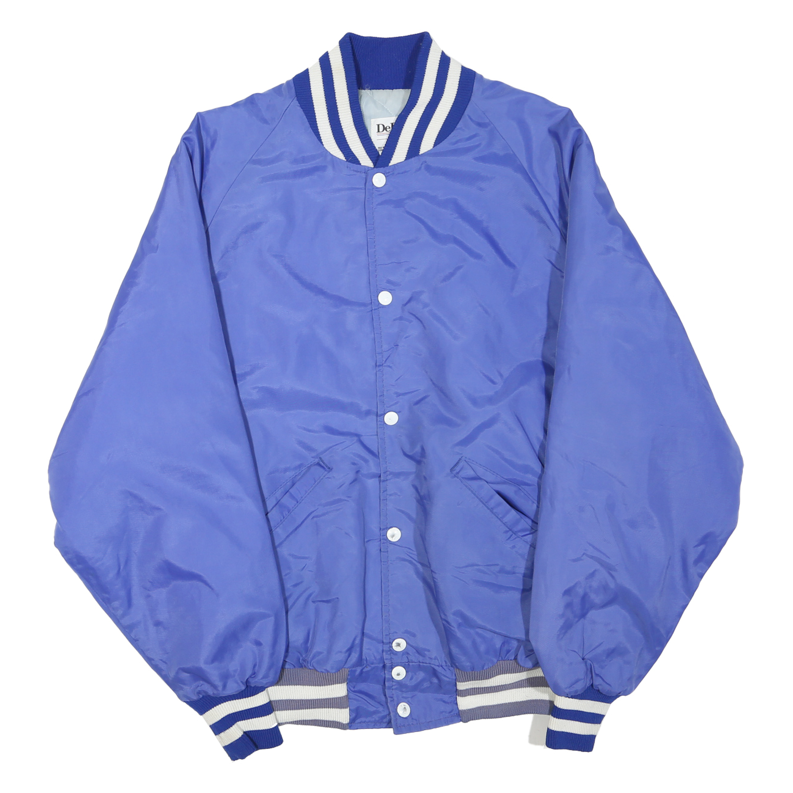 DELONG Mens Blue & White Varsity Button Jacket L Polyester Blend Ribbed