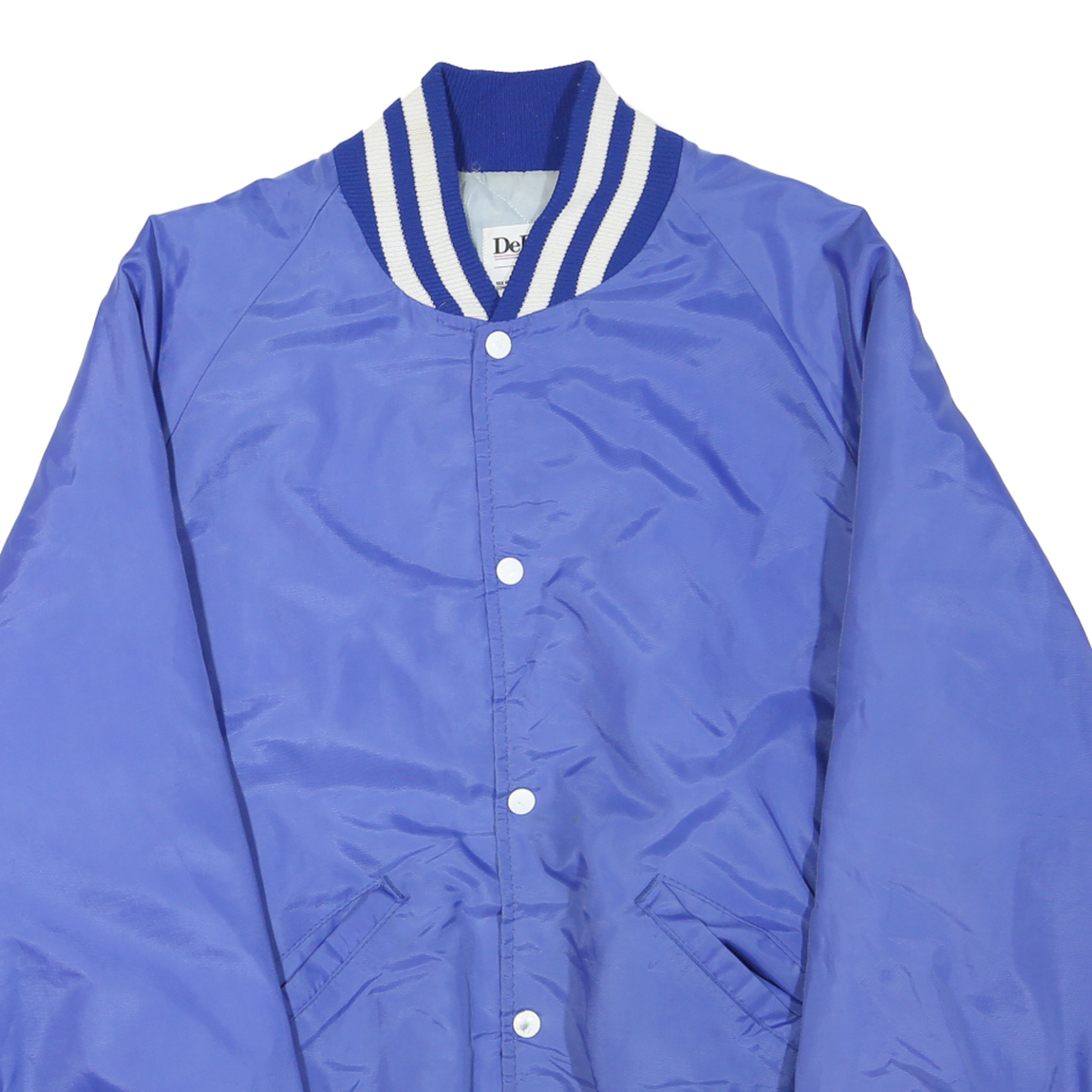 DELONG Mens Blue & White Varsity Button Jacket L Polyester Blend Ribbed