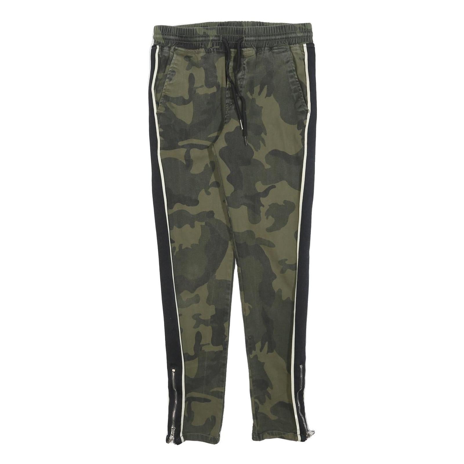 JOHN H Mens Cotton Blend Green Camouflage Slim Drawstring Trousers W28 L28