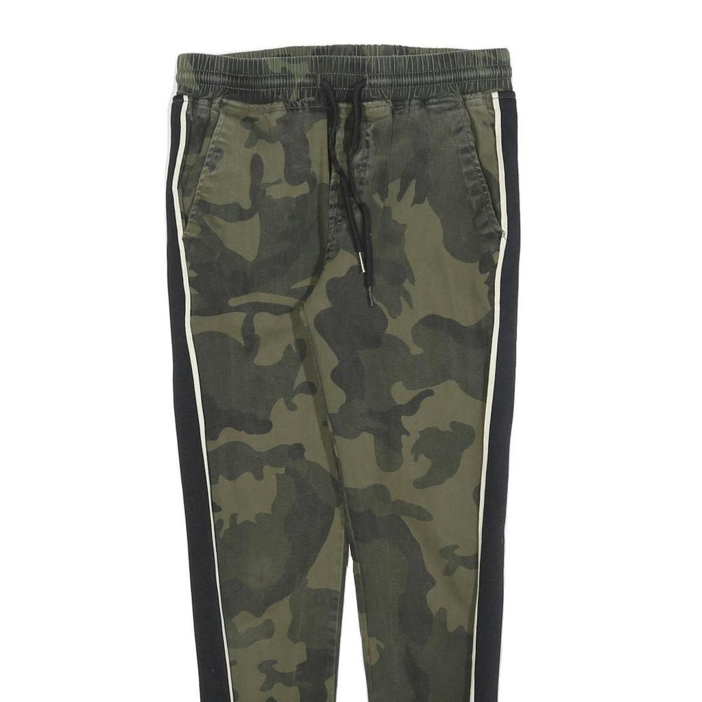 JOHN H Mens Cotton Blend Green Camouflage Slim Drawstring Trousers W28 L28