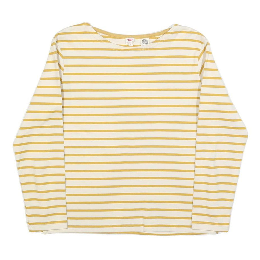 LEVI'S Womens White & Yellow Striped Basic Top Long Sleeve Round Neck S Cotton