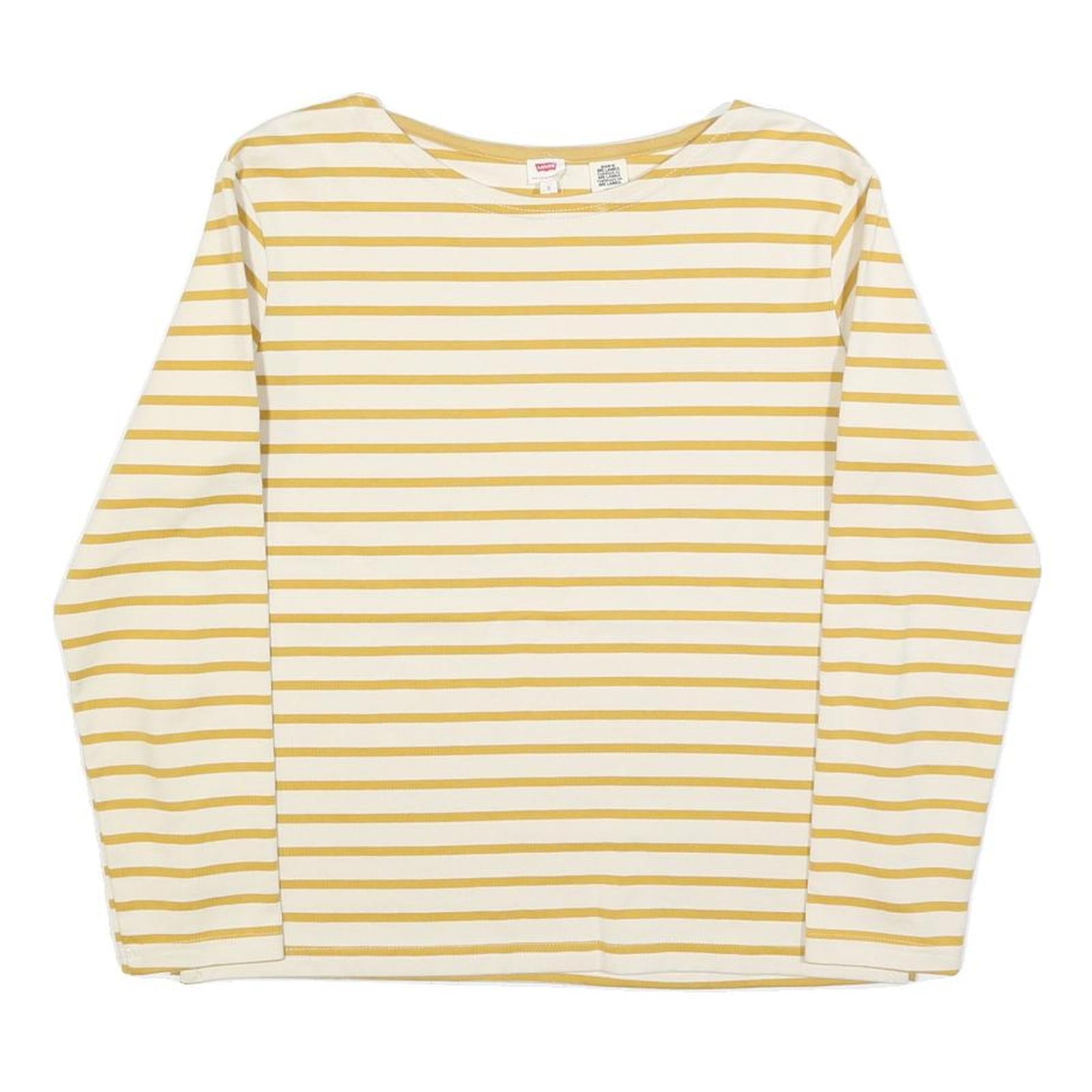 LEVI'S Womens White & Yellow Striped Basic Top Long Sleeve Round Neck S Cotton