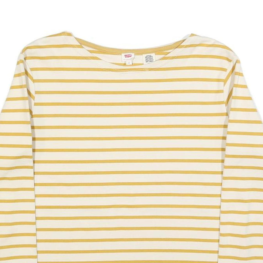 LEVI'S Womens White & Yellow Striped Basic Top Long Sleeve Round Neck S Cotton