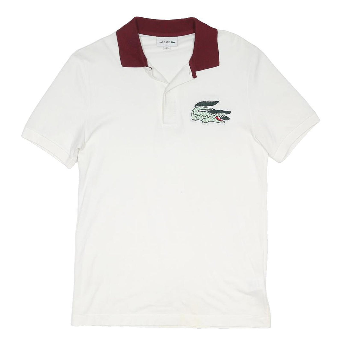 LACOSTE Mens White & Burgundy Polo Shirt M Cotton Blend Short Sleeve Basic