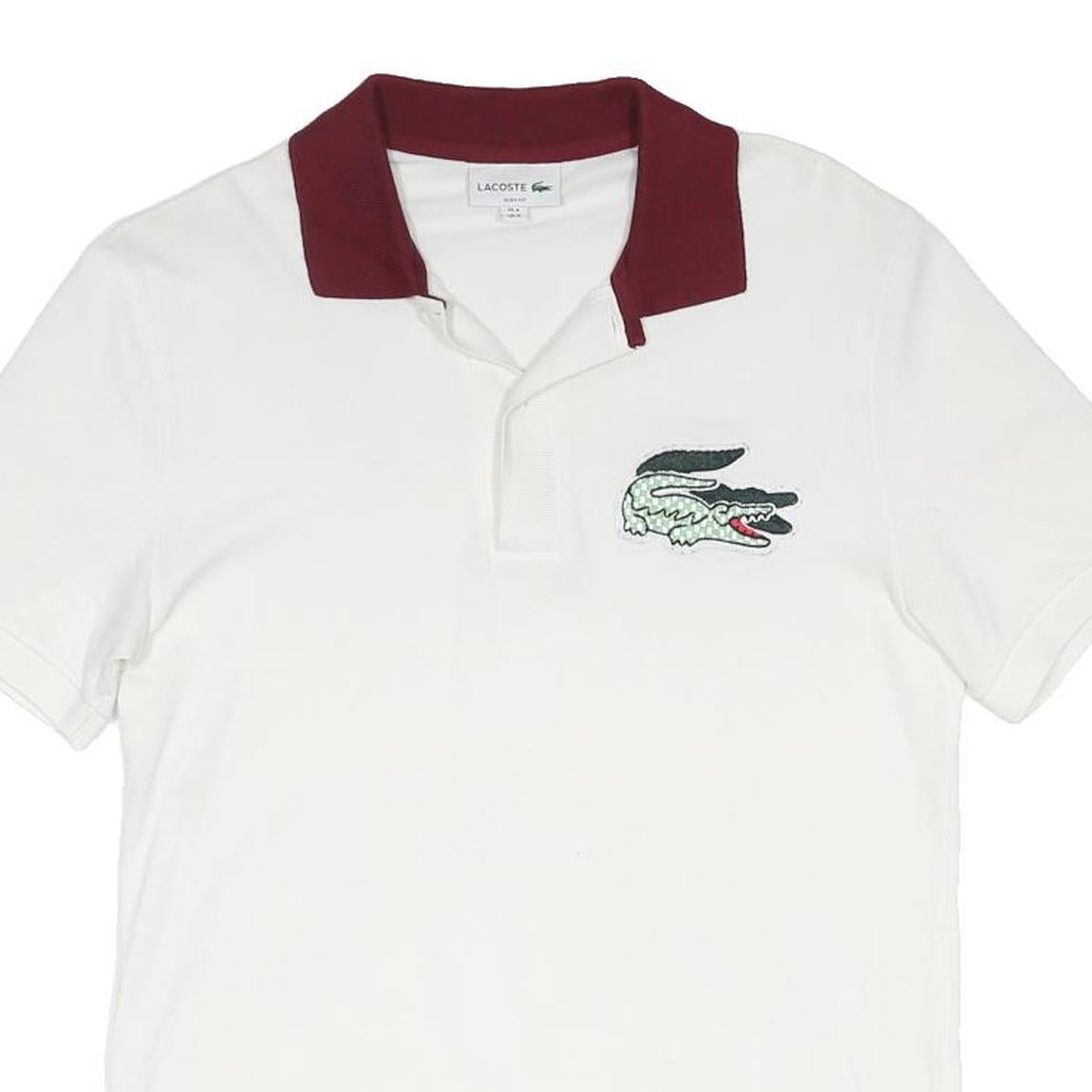 LACOSTE Mens White & Burgundy Polo Shirt M Cotton Blend Short Sleeve Basic