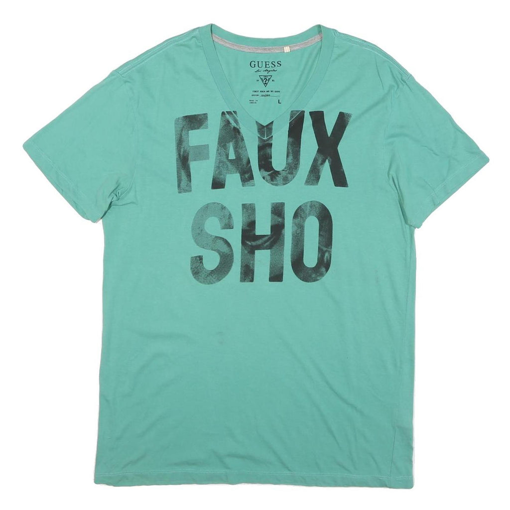GUESS Mens Green Cotton Blend Graphic T-Shirt L V-Neck Casual Summer Wear