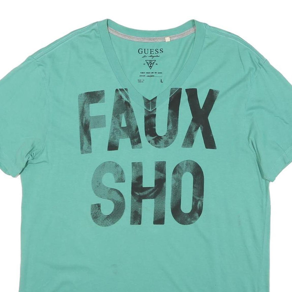 GUESS Mens Green Cotton Blend Graphic T-Shirt L V-Neck Casual Summer Wear