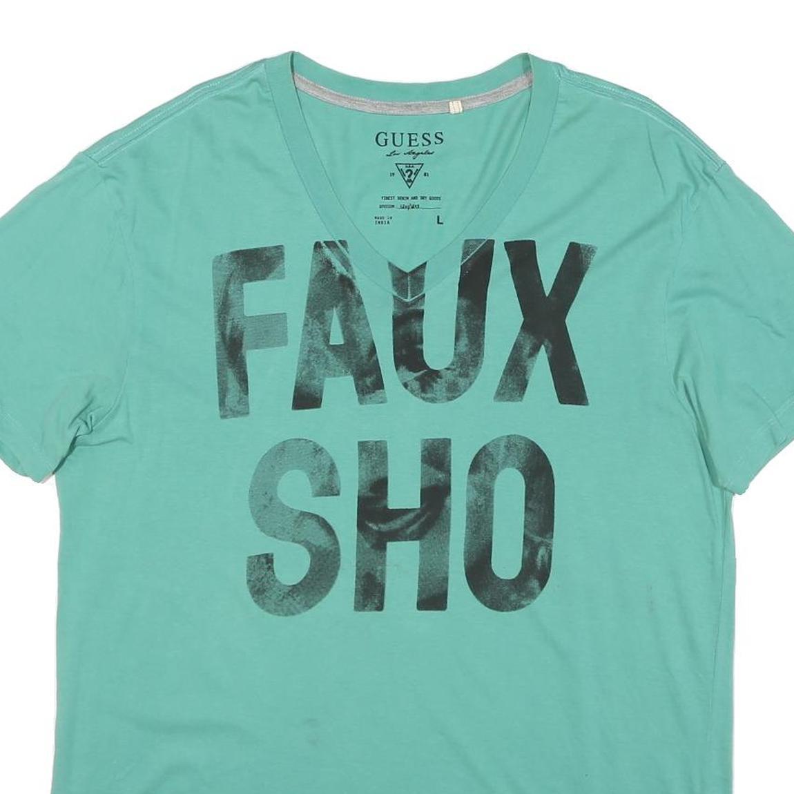 GUESS Mens Green Cotton Blend Graphic T-Shirt L V-Neck Casual Summer Wear