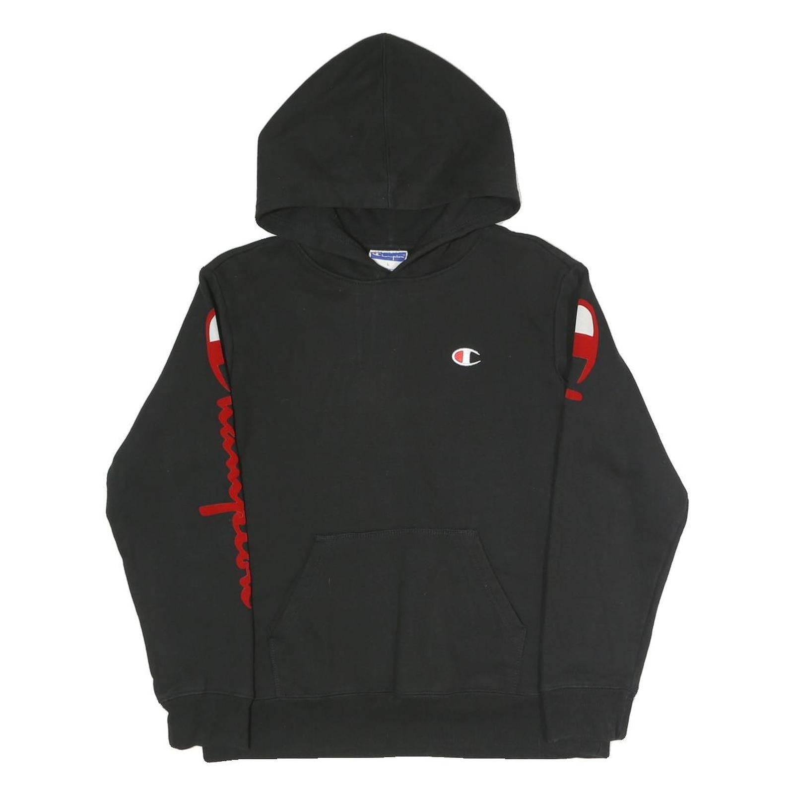 CHAMPION Womens Black Pullover Hoodie L Logo Print Cotton Blend Casual