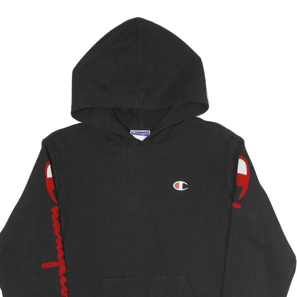 CHAMPION Womens Black Pullover Hoodie L Logo Print Cotton Blend Casual