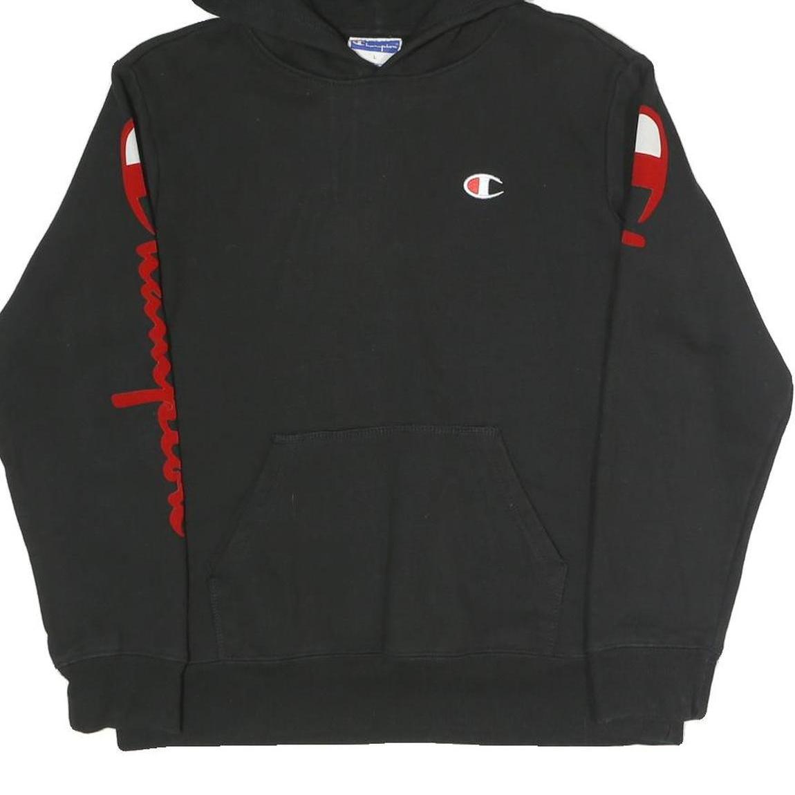 CHAMPION Womens Black Pullover Hoodie L Logo Print Cotton Blend Casual