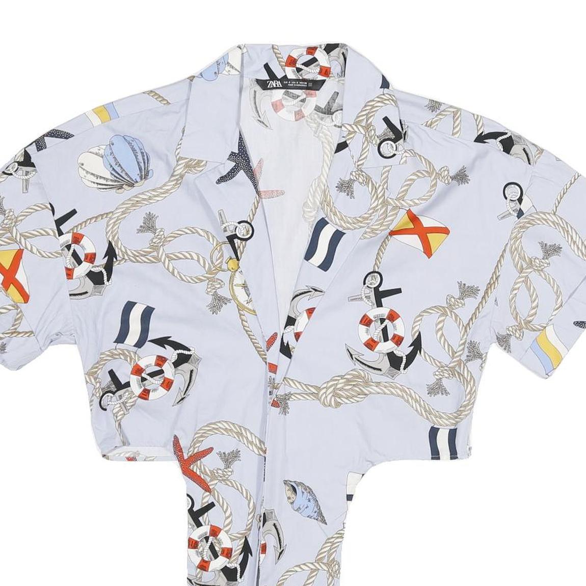 ZARA Womens Blue Printed Shirt Short Sleeve Collared S Nautical Motif