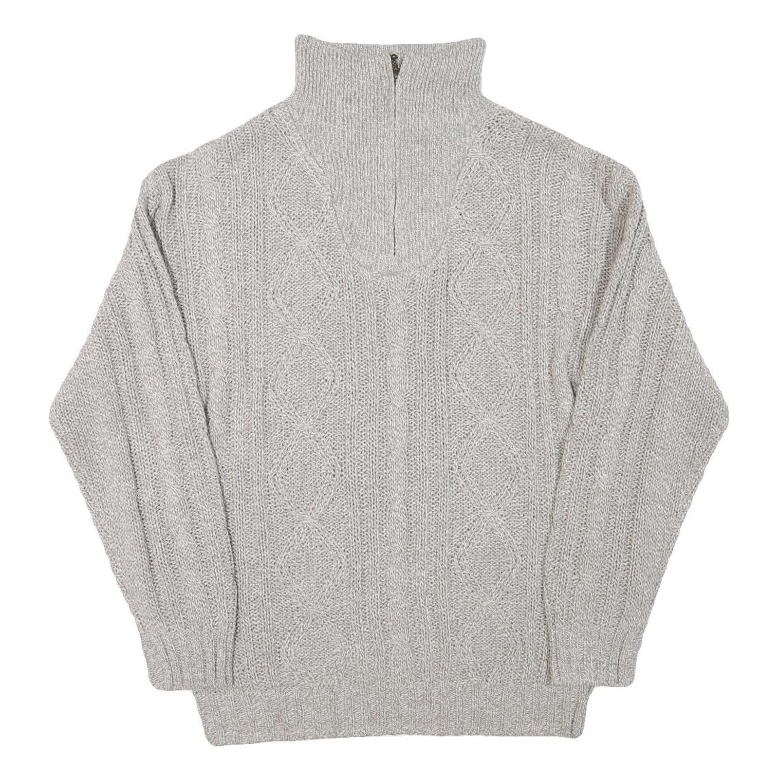 Mens Grey Chunky Knit Zip Neck Patterned Acrylic Blend Jumper L Casual Warm