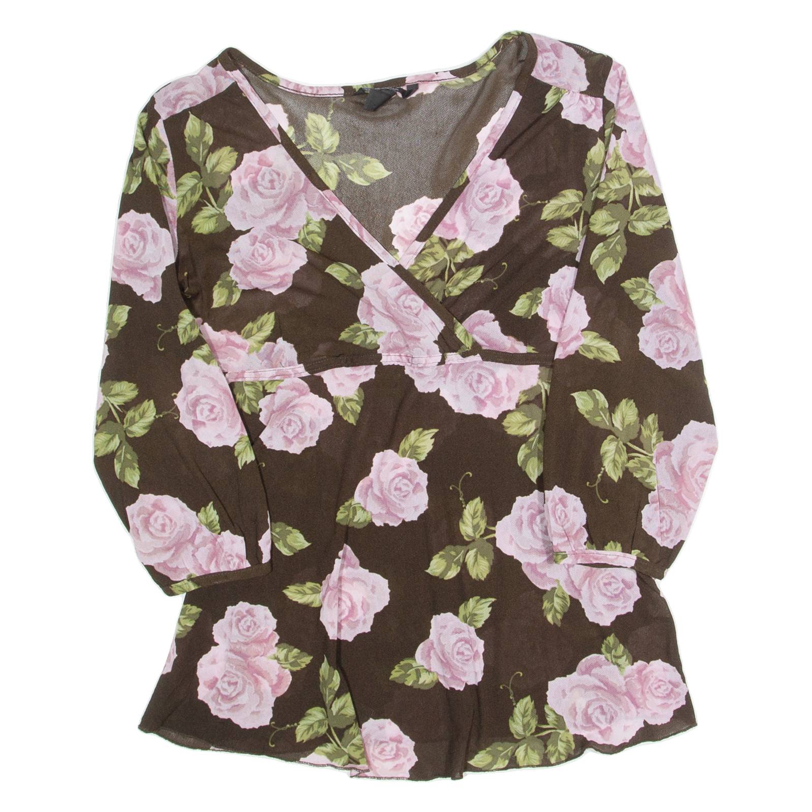 H&M MAMA Maternity Womens Printed Top Brown V-Neck 3/4 Sleeve Floral M