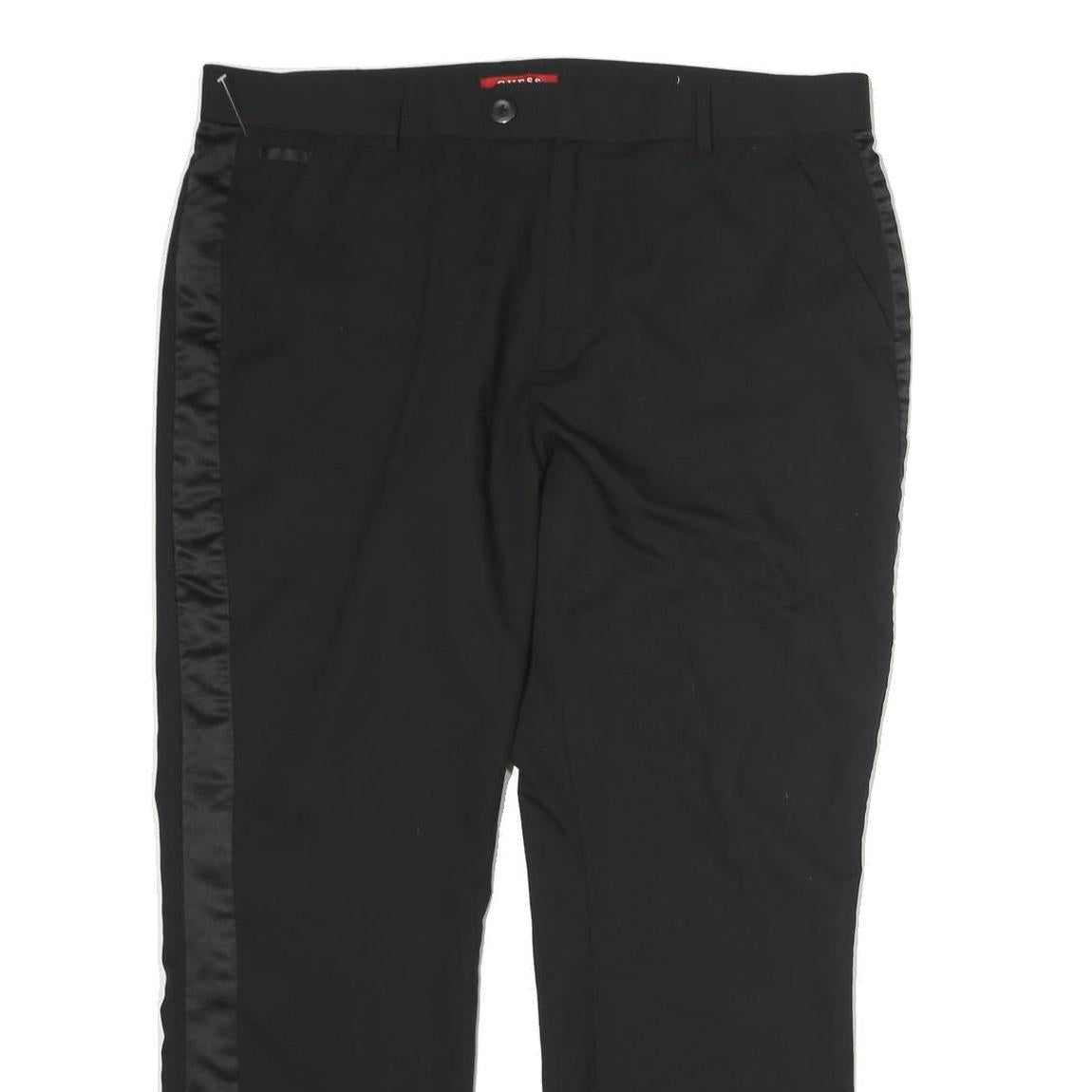 GUESS Mens Cotton Blend Black Regular Trousers W38 L30 Satin Side Stripe Zip