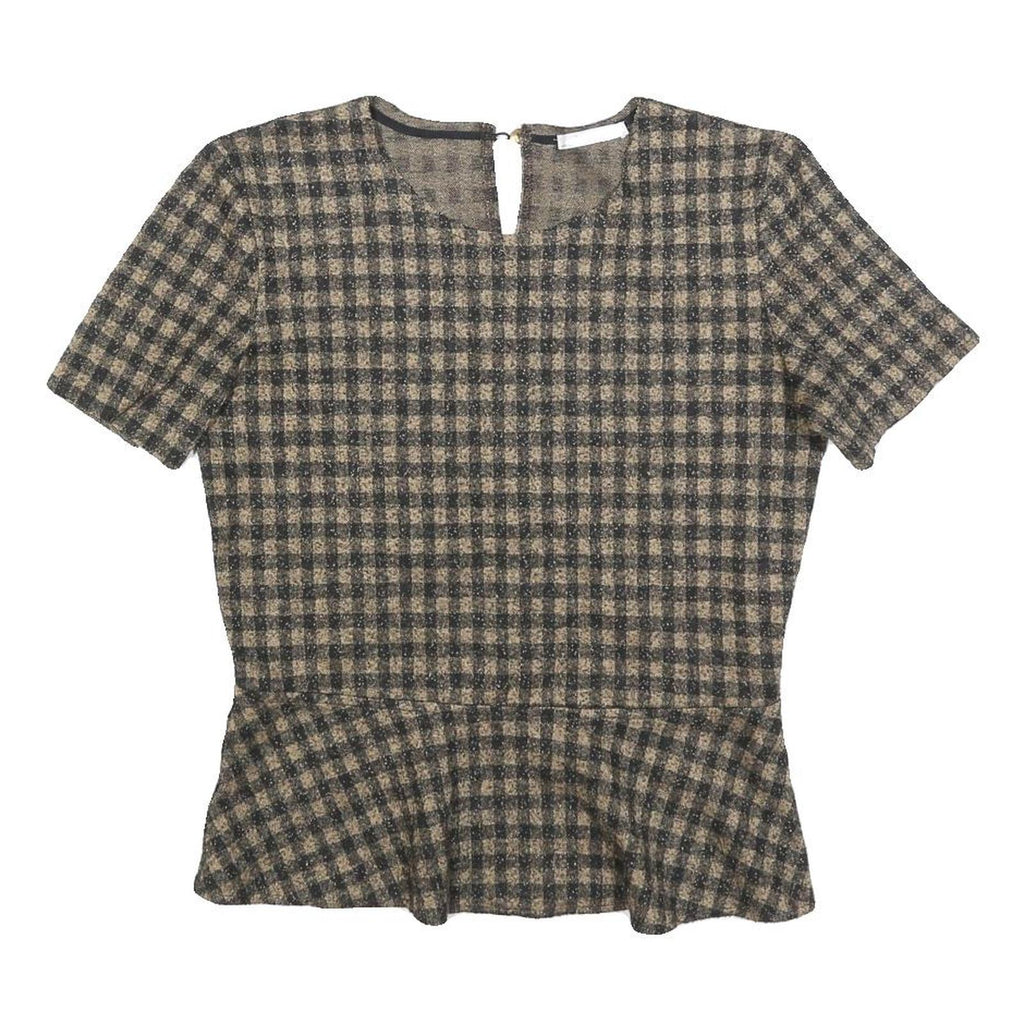 ZARA WOMAN Womens Beige & Black Checked Peplum Short Sleeve Round Neck Top M