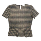 ZARA WOMAN Womens Beige & Black Checked Peplum Short Sleeve Round Neck Top M