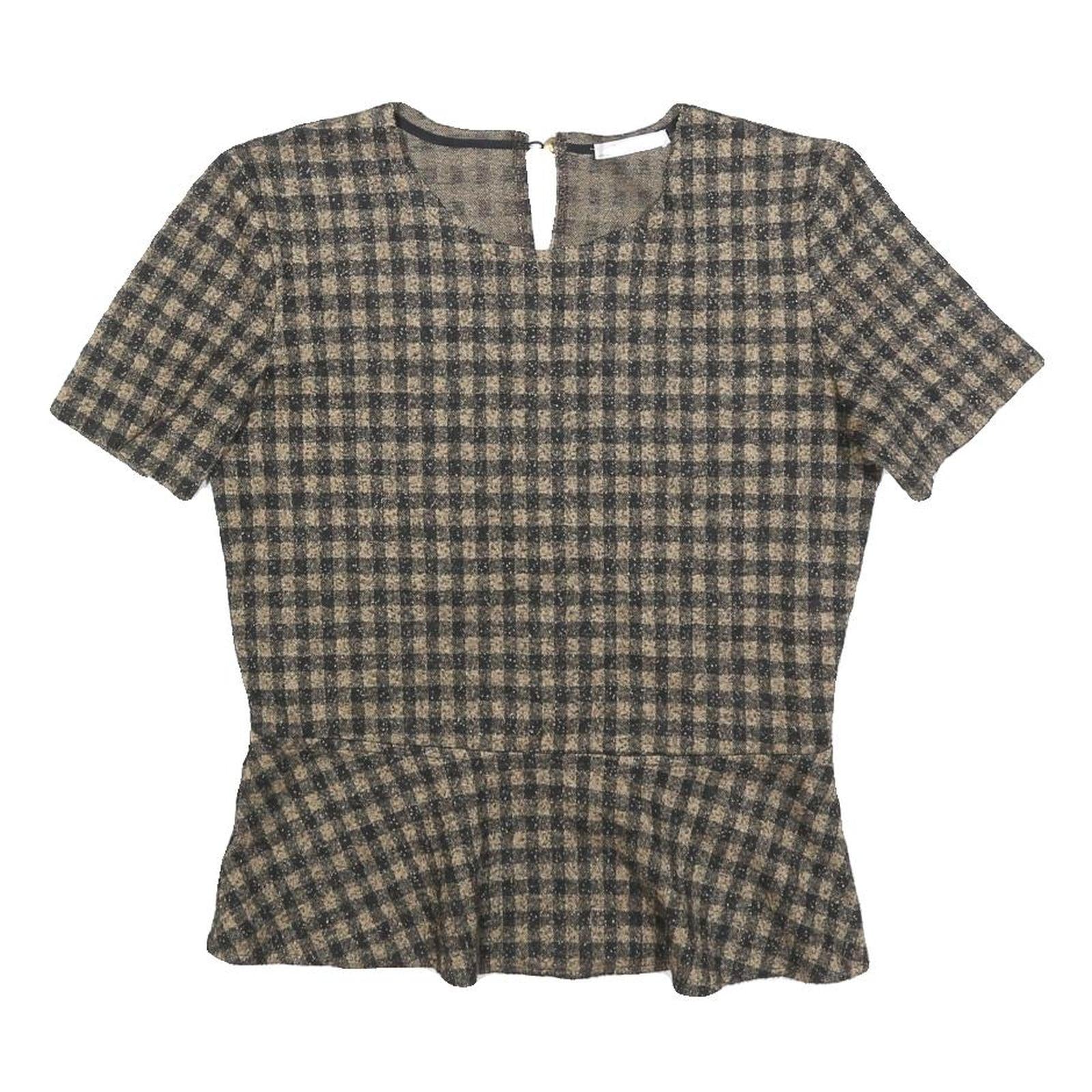 ZARA WOMAN Womens Beige & Black Checked Peplum Short Sleeve Round Neck Top M
