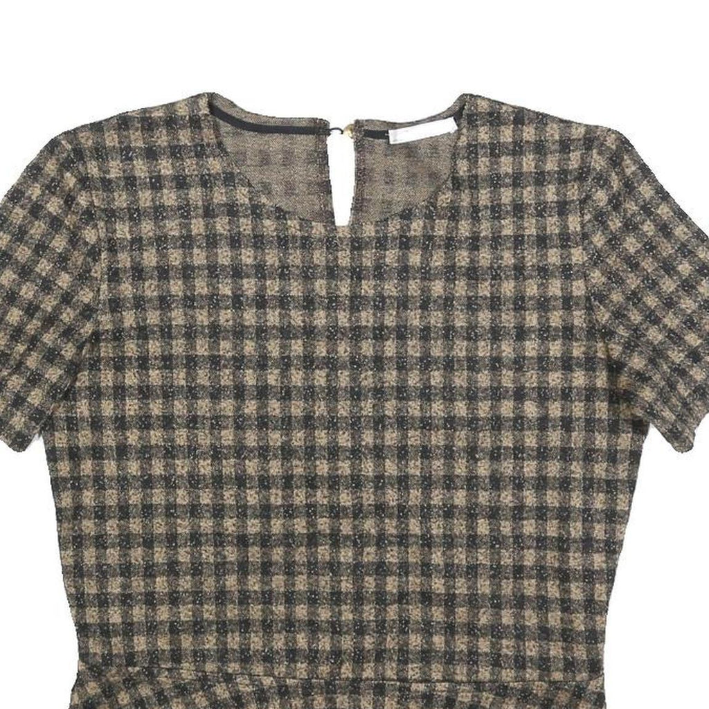 ZARA WOMAN Womens Beige & Black Checked Peplum Short Sleeve Round Neck Top M