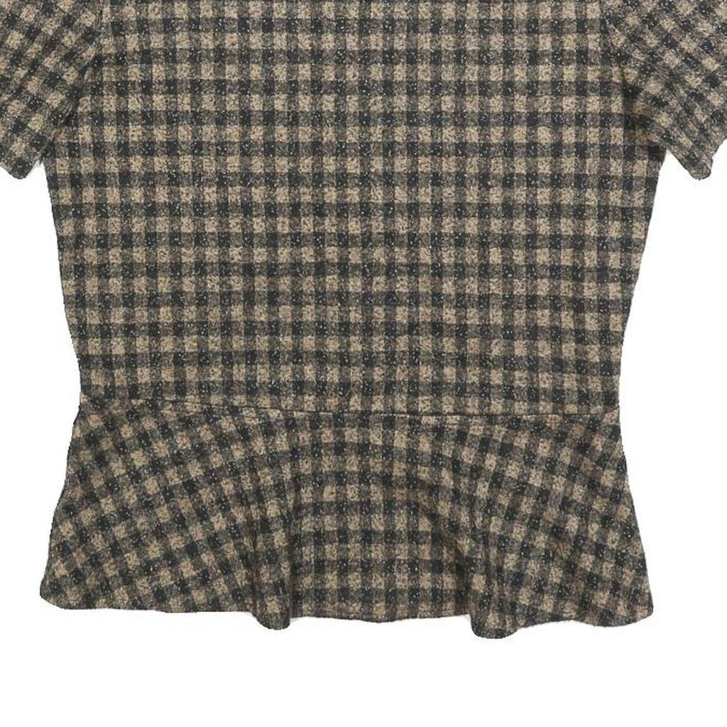 ZARA WOMAN Womens Beige & Black Checked Peplum Short Sleeve Round Neck Top M