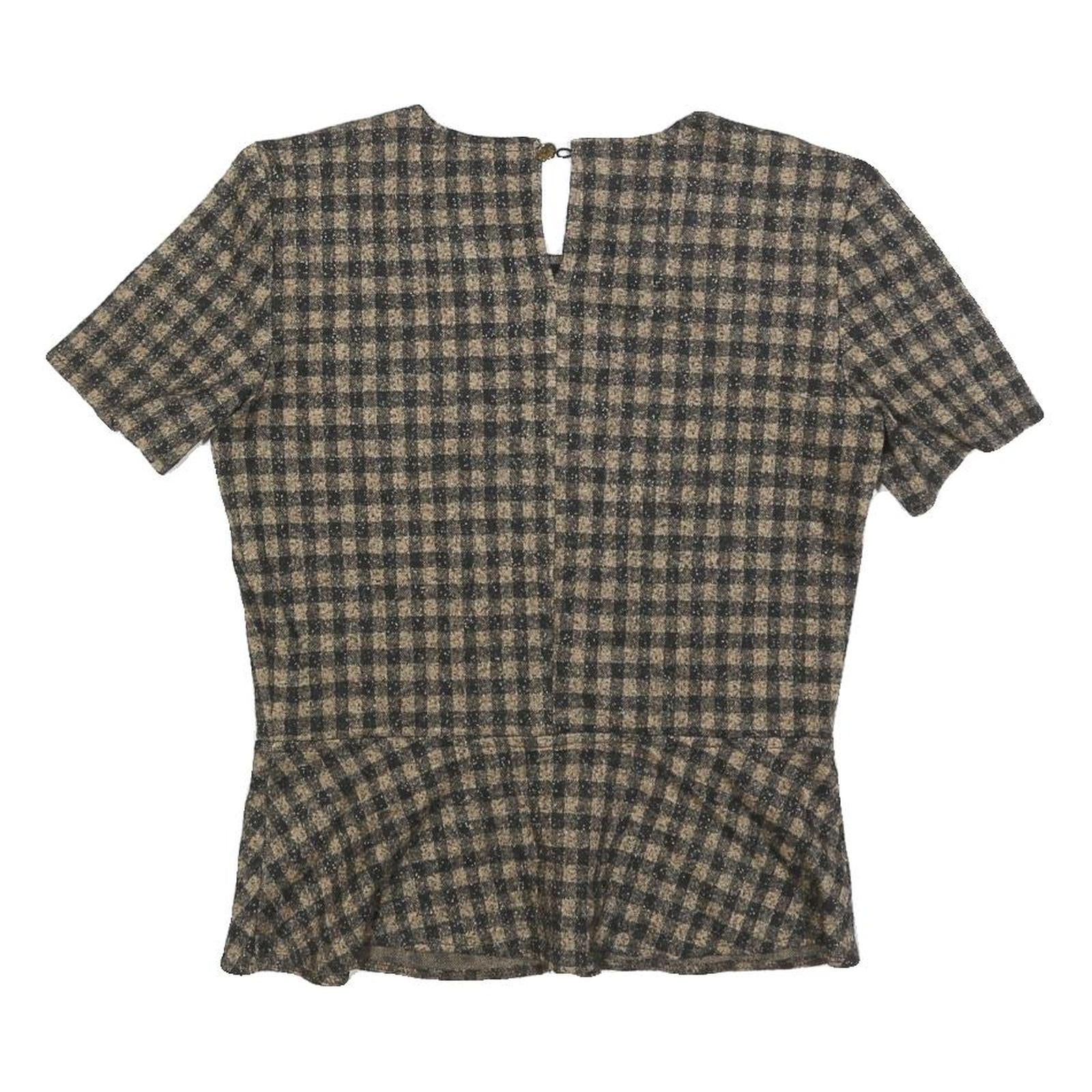 ZARA WOMAN Womens Beige & Black Checked Peplum Short Sleeve Round Neck Top M