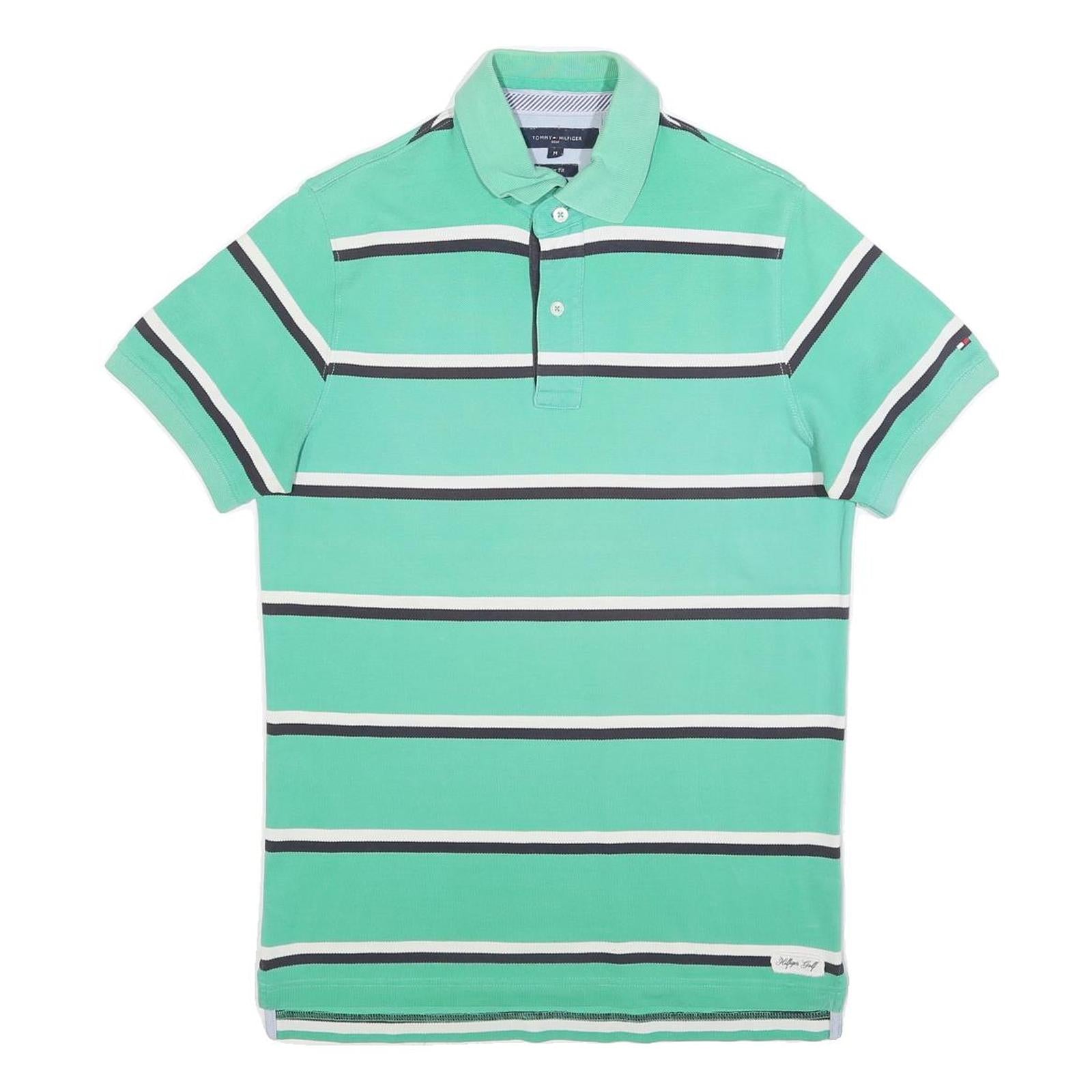 TOMMY HILFIGER Mens Green & White Striped Short Sleeve Polo Shirt M Cotton Blend